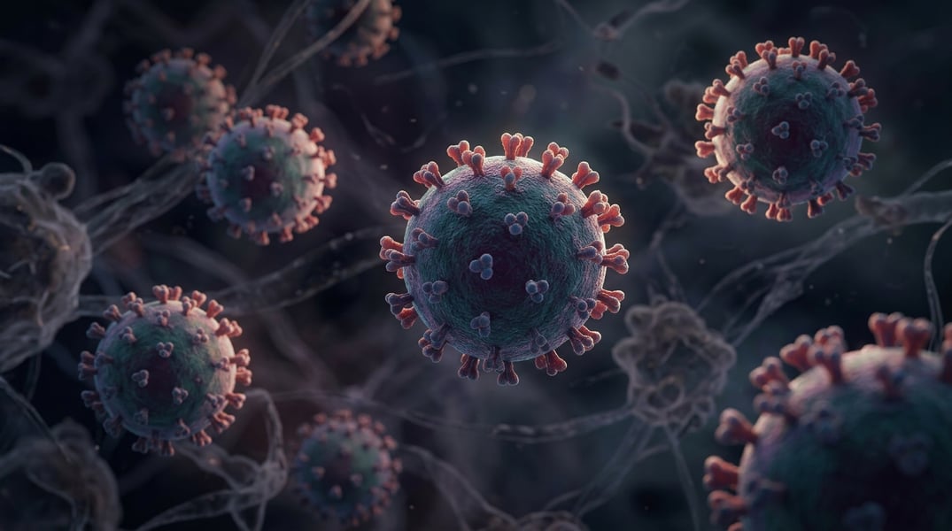 Hantavirus Under Scientific Examination Scientific illustration of hantavirus particles showing viral structure and transmission risk concept