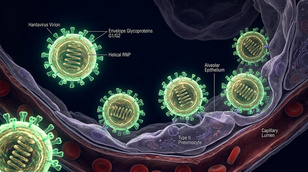 Microscopic visualization of hantavirus particles affecting human lung tissue