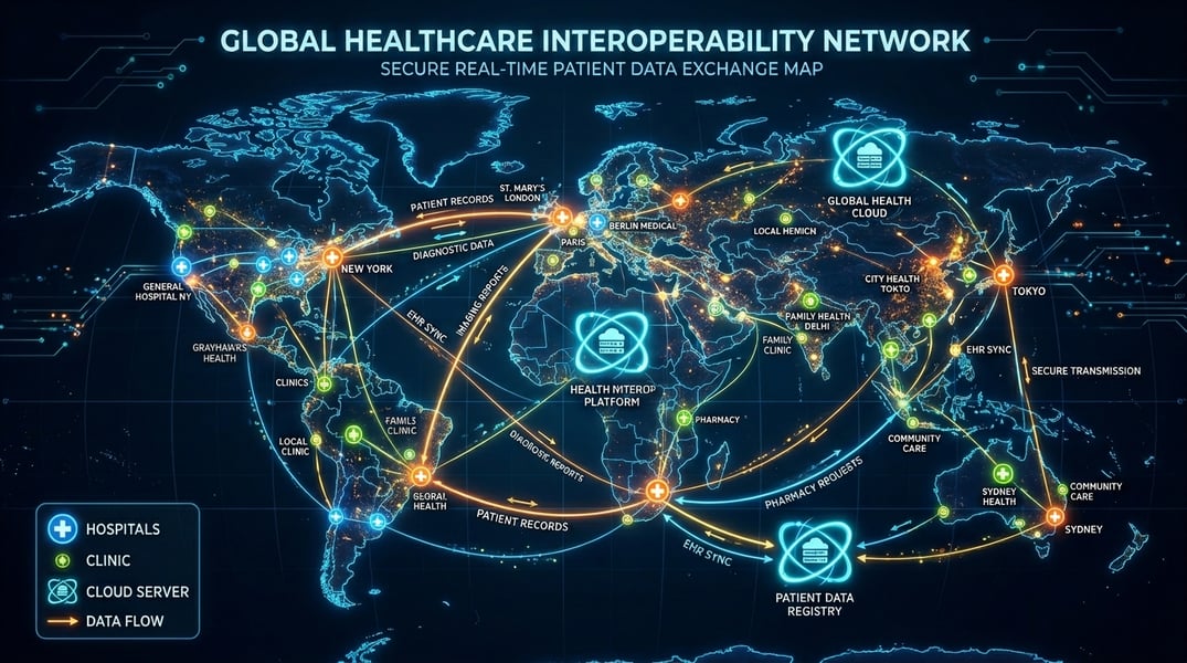 Interconnected hospital systems sharing digital patient data across networks