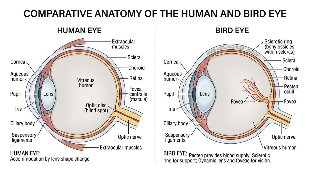 Human vs Bird Eye Evolution Comparison Comparison between human eye and bird eye anatomy showing evolutionary differences