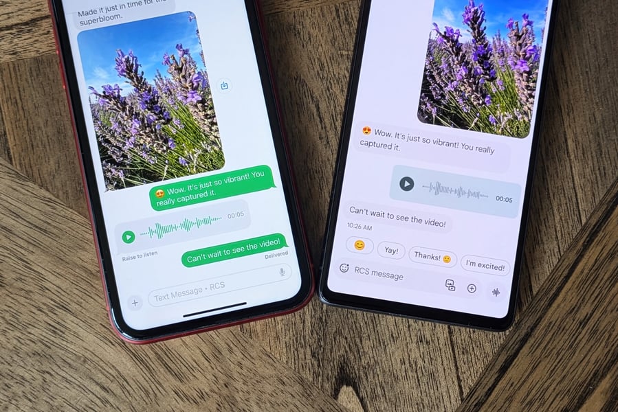 Encrypted RCS chat inside Apple Messages app on iPhone running iOS 26.5