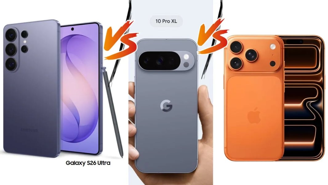 iPhone Air, iPhone 17, Galaxy S26, and Pixel 10 showing global price drops and discount tags in a smartphone market war