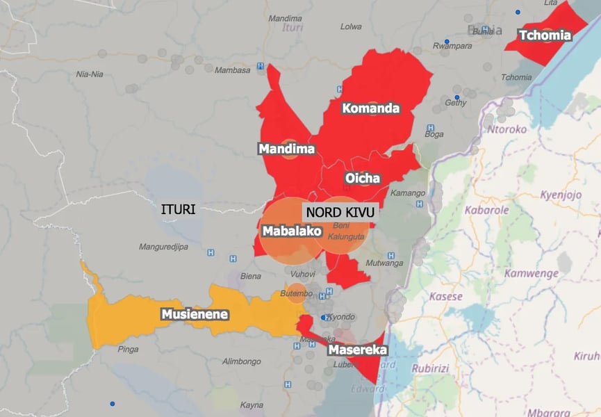 Ituri Province Emerges as Epicenter of Ebola Outbreak Map showing Ebola outbreak zones in eastern Congo near Uganda