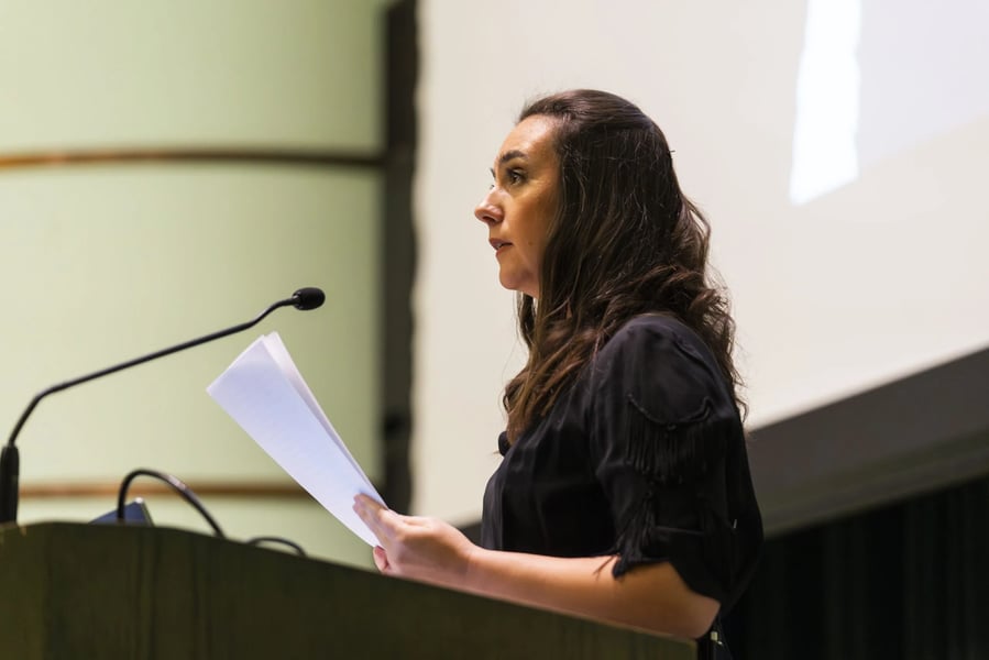 Former Zelenskyy press secretary Iuliia Mendel speaking during an interview