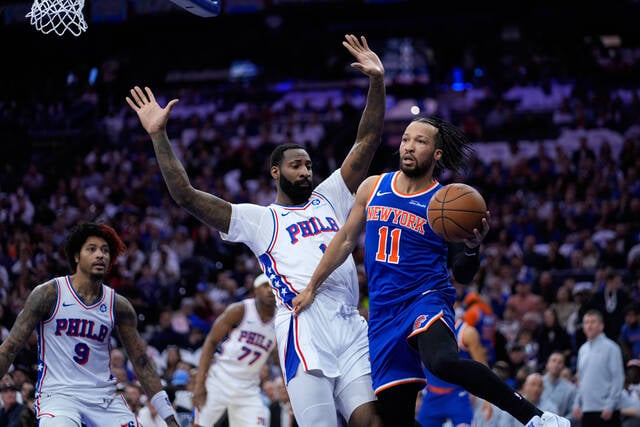 Jalen Brunson celebrates during the Knicks Game 3 playoff win over Joel Embiid and the Philadelphia 76ers