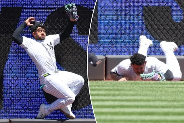 Jasson Dominguez crashes into outfield wall during Yankees game