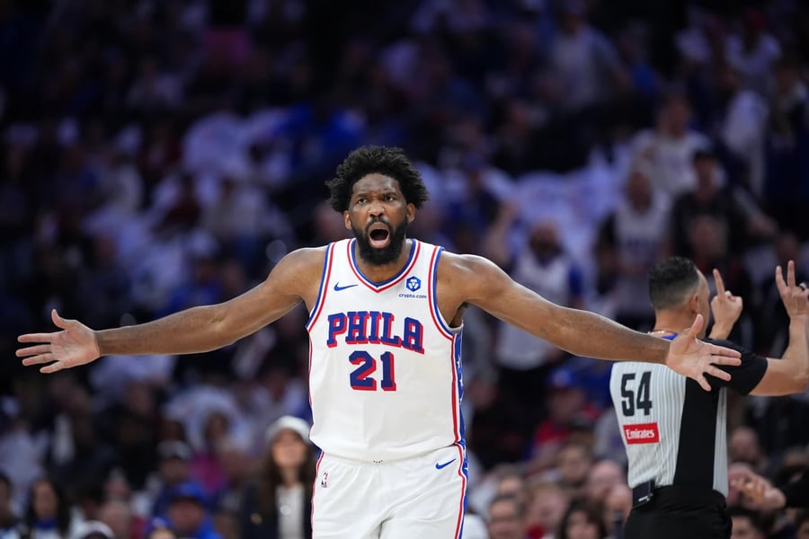 Joel Embiid reacts during the Sixers playoff loss to the Knicks in Game 3