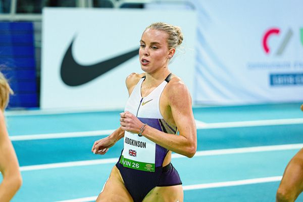 Keely Hodgkinson reacts after breaking the 800m world indoor record