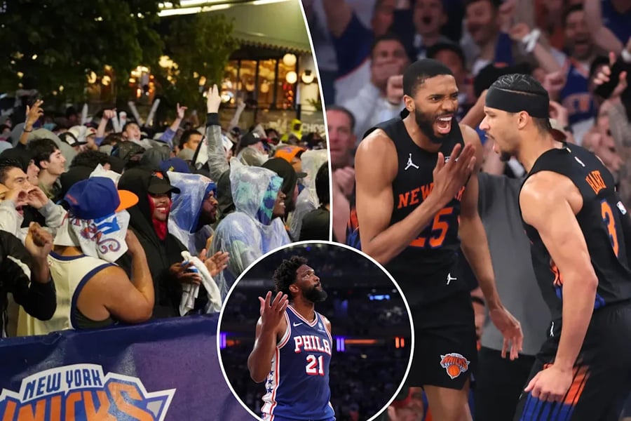 Knicks Fans Silence Philadelphia Crowd Knicks fans celebrate inside the 76ers arena during playoff sweep