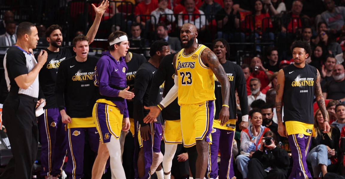 LeBron James Lakers Game 1 Reaction LeBron James reacts during Lakers Game 1 loss to Thunder in 2026 NBA Playoffs