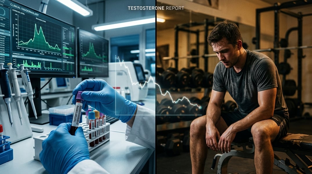 Clinical testosterone blood test contrasted with fatigued young man in gym representing Low T debate