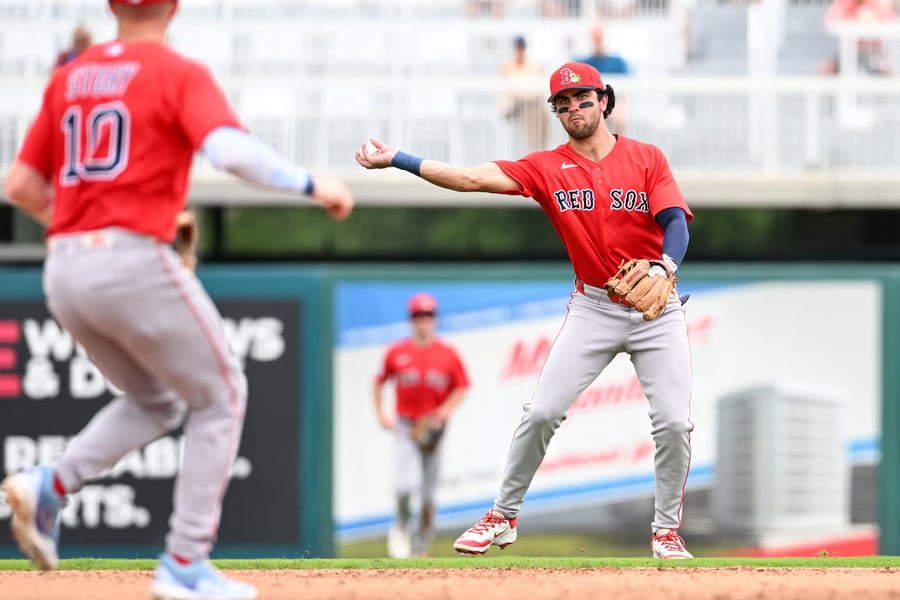 Marcelo Mayer of the Boston Red Sox during an MLB game, expected to take over shortstop duties