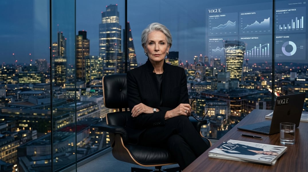Miranda Priestly seated in a modern fashion editorial office overlooking city skyline