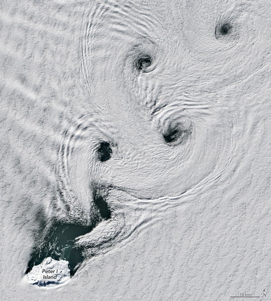 Satellite image showing von Kármán vortex streets forming spinning cloud patterns over Peter I Island in Antarctica.