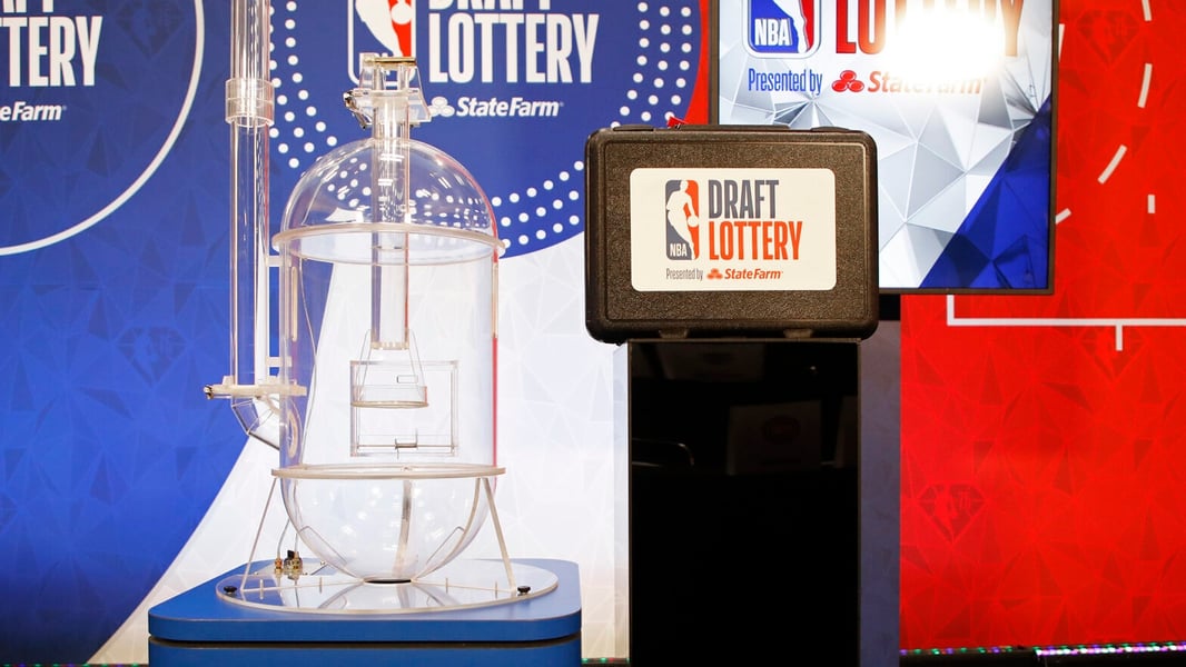 NBA Draft Lottery 2026 ping pong balls inside transparent lottery machine during live draw preparation