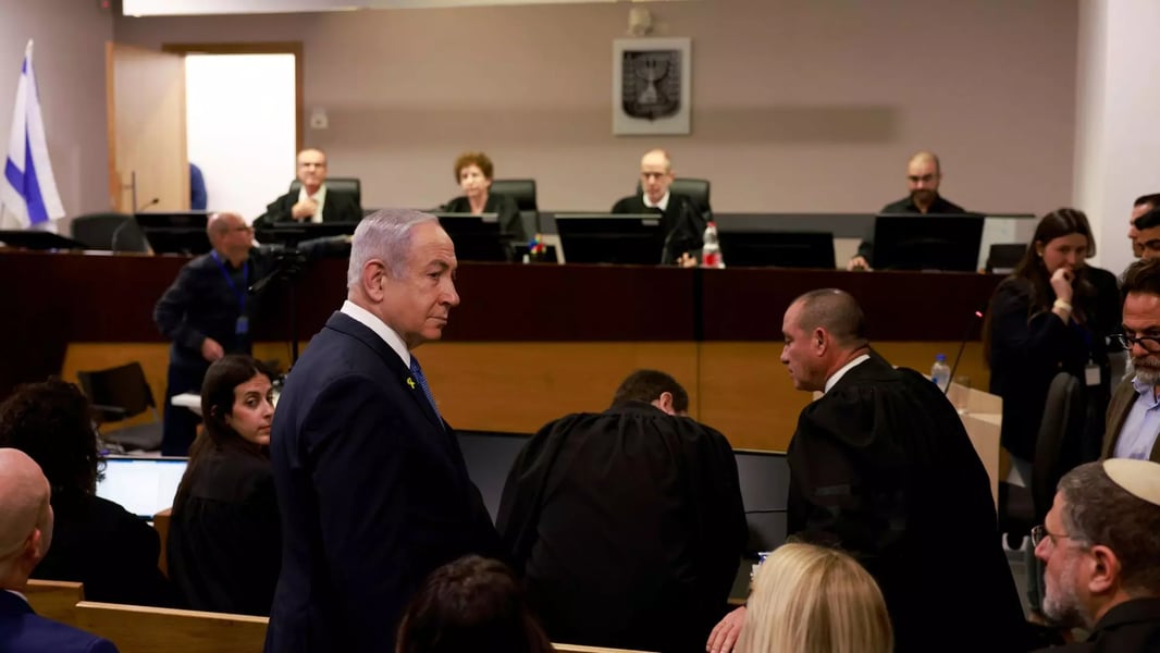 Israeli Prime Minister Benjamin Netanyahu arriving at Tel Aviv District Court during corruption trial proceedings