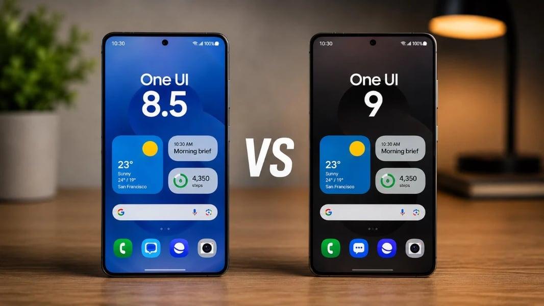 One UI 8.5 vs One UI 9 UI Changes Comparison of One UI 8.5 and One UI 9 Quick Panel redesign on Samsung Galaxy devices
