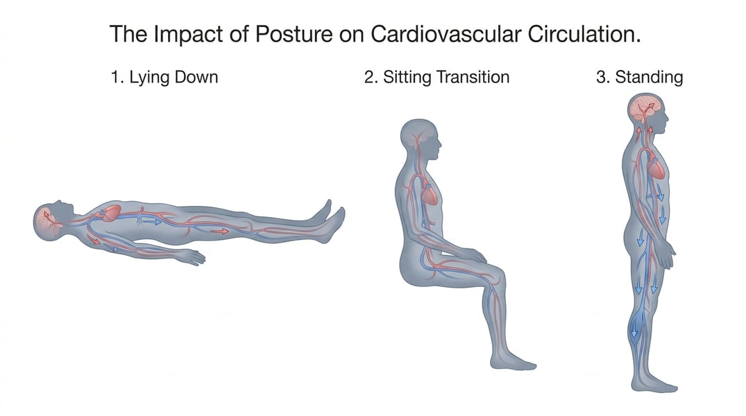 How Blood Pools in the Legs When You Stand Up Suddenly Medical diagram showing blood pooling in the legs when a person stands up, causing a temporary blood pressure drop