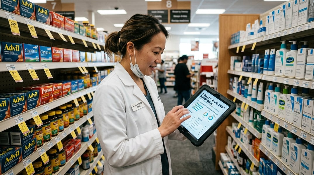 Pharmacist reviewing OTC medicines and supplements in US pharmacy aisle 2026 rankings