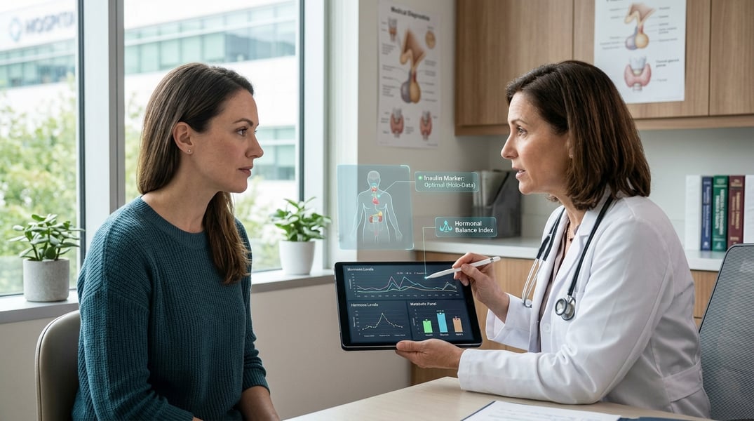 Medical consultation on hormonal imbalance diagnosis Doctor analyzing hormonal imbalance charts during PCOS PMOS consultation