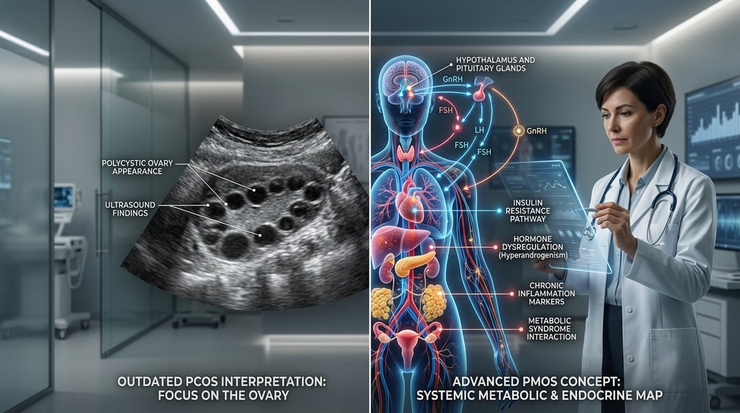 Medical comparison showing PCOS versus PMOS hormonal and metabolic reclassification in women’s health
