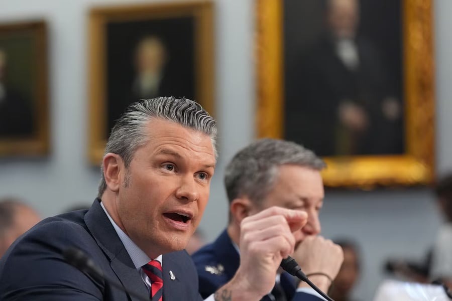 Pete Hegseth speaks during a congressional hearing on Pentagon plans for Iran escalation