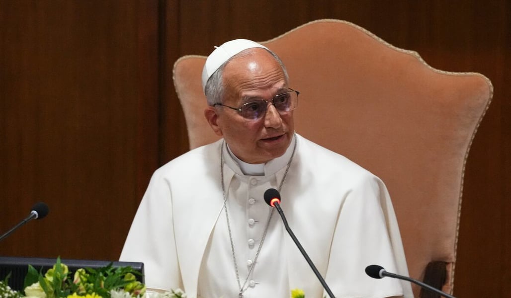 Pope Leo XIV speaks at the presentation of his first AI encyclical Magnifica Humanitas at the Vatican Synod Hall on May 25, 2026