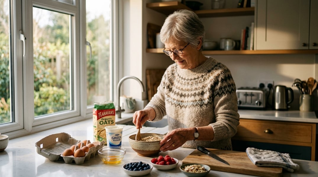 Protein intake in aging population Older adult preparing protein-rich breakfast in kitchen