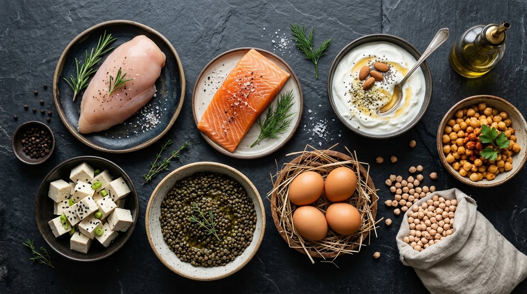 Balanced protein food sources Variety of protein-rich foods arranged in flat lay composition