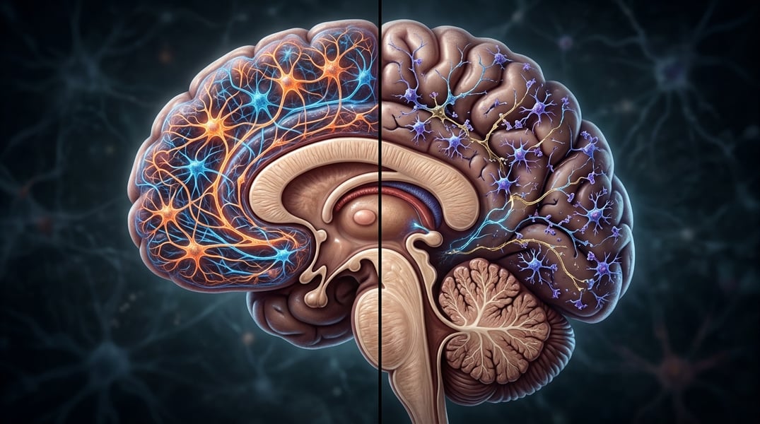 Illustration showing brain synaptic pruning differences linked to schizophrenia risk and neurodevelopmental variation