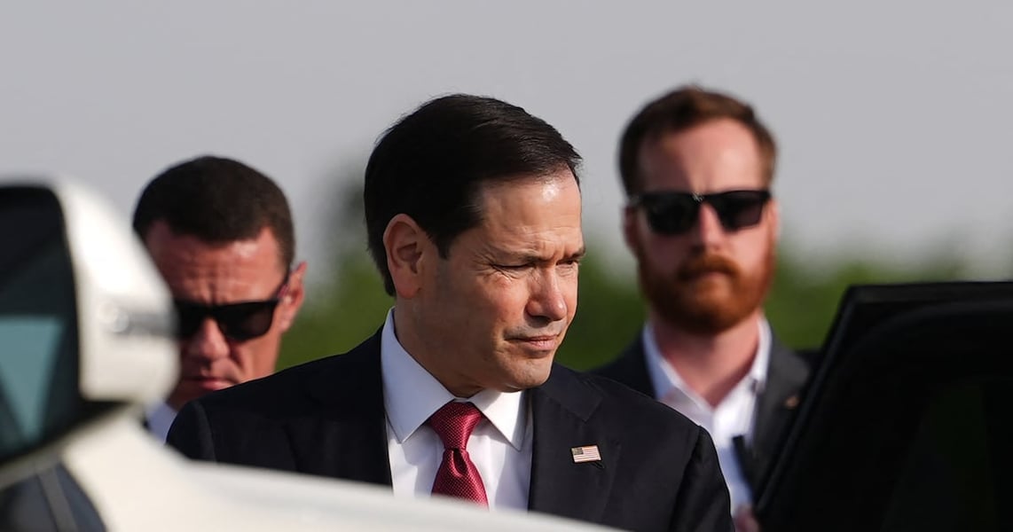 US Secretary of State Marco Rubio boards his plane at Jaipur International Airport as Iran-US peace talks continue