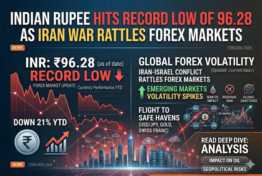 USD INR exchange rate chart showing the Indian rupee at a record low near 96 against the dollar as the Iran-US war pushes oil prices higher