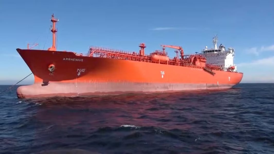 Russian authorities inspect the Arrhenius gas carrier at Ust-Luga after alleged NATO-style mines were discovered on the Turkey-bound vessel
