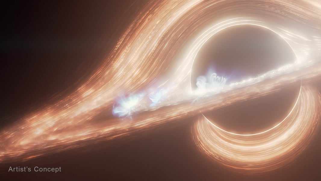 Artist concept of Sagittarius A* the supermassive black hole at the centre of the Milky Way galaxy with swirling accretion disk and bright flares observed by JWST