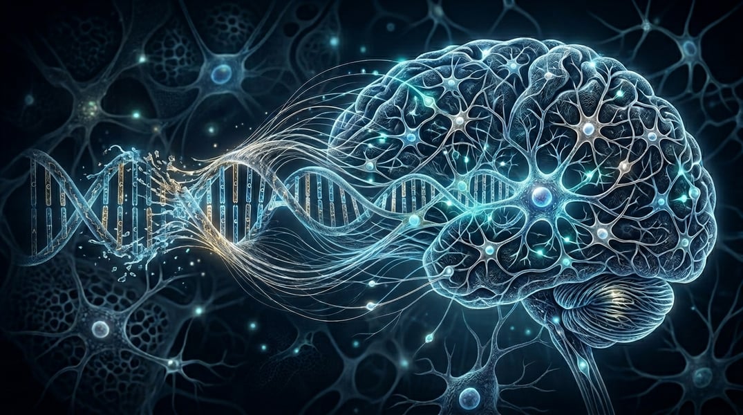 DNA structure transforming into neural brain network illustrating schizophrenia genetics research