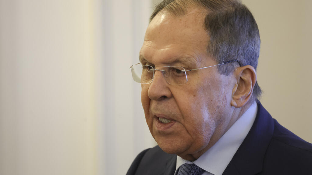 Russian Foreign Minister Sergey Lavrov speaks during an interview about Ukrainian drone attacks on Russian civilian areas