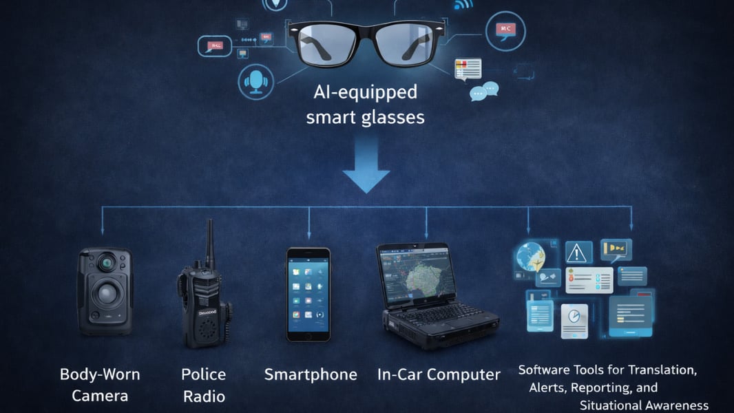 Person wearing AI smart glasses in a crowded public area