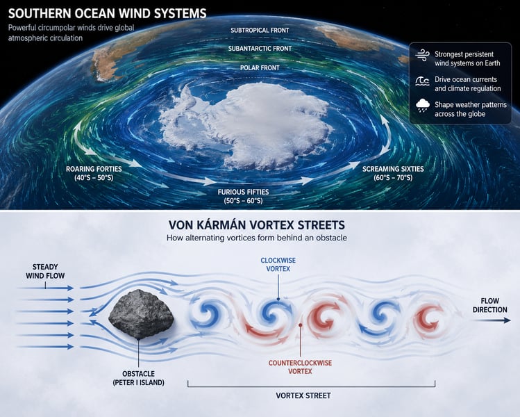 Southern Ocean Wind Systems Driving Antarctic Weather Global wind map highlighting strong Antarctic circumpolar currents