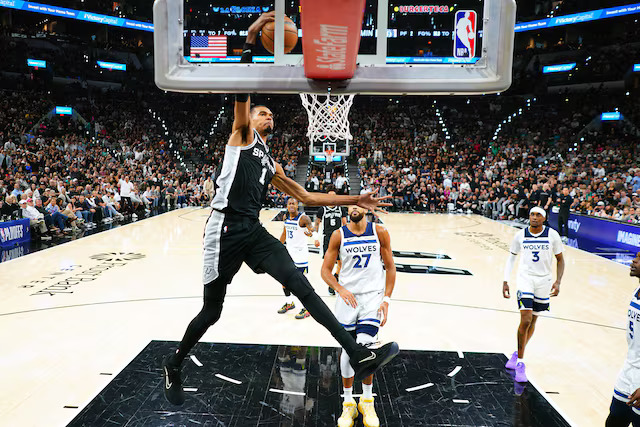 Victor Wembanyama and San Antonio Spurs celebrating Game 6 win over Minnesota Timberwolves 139-109