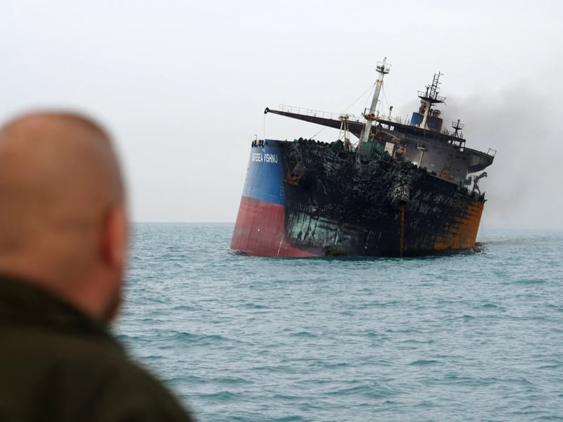 Oil tankers stranded near the Strait of Hormuz during global energy crisis caused by supply disruption
