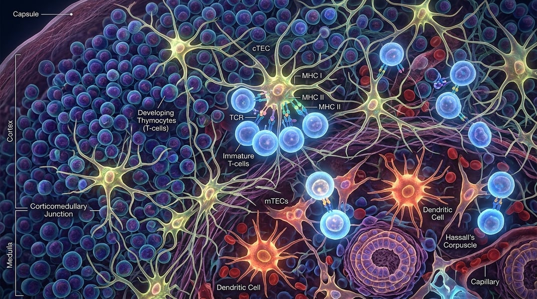 T-cells forming and training inside thymus tissue