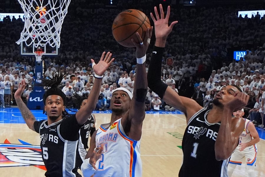 Shai Gilgeous-Alexander celebrates during Oklahoma City Thunder's Game 5 win over the San Antonio Spurs in the Western Conference Finals