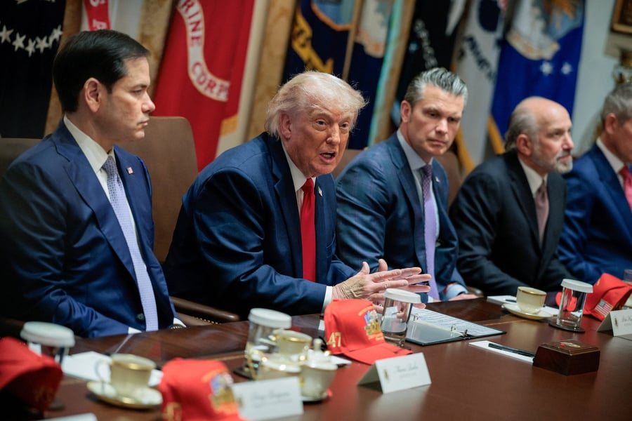 President Donald Trump speaks during a White House cabinet meeting as the US carries out fresh strikes on Iran