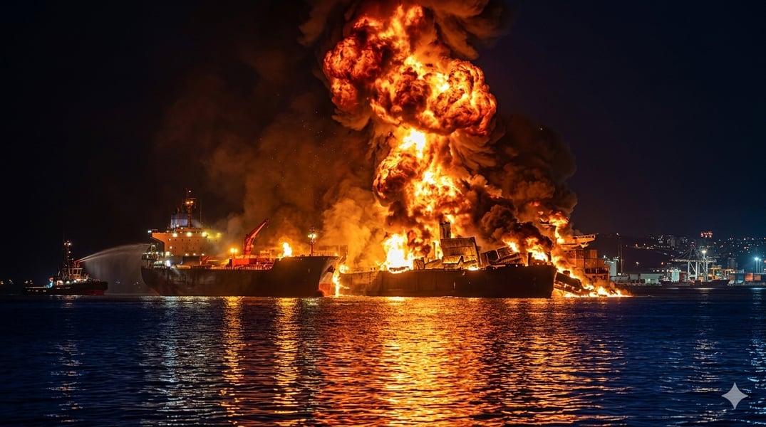 US naval warships escort oil tankers as fire erupts at Fujairah port during Iran strike in Strait of Hormuz crisis