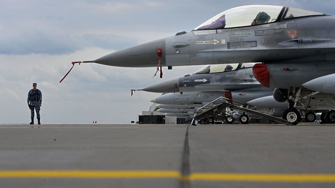 Ukrainian pilots train on US-made F-16 fighter jets during NATO military exercises in Europe