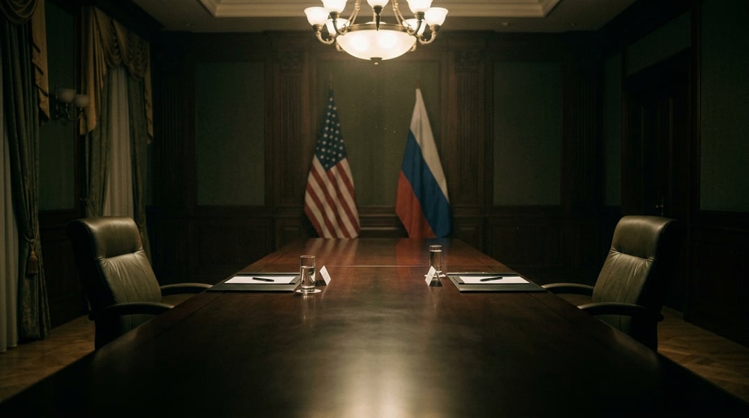 Empty diplomatic table symbolizing stalled US Russia negotiations