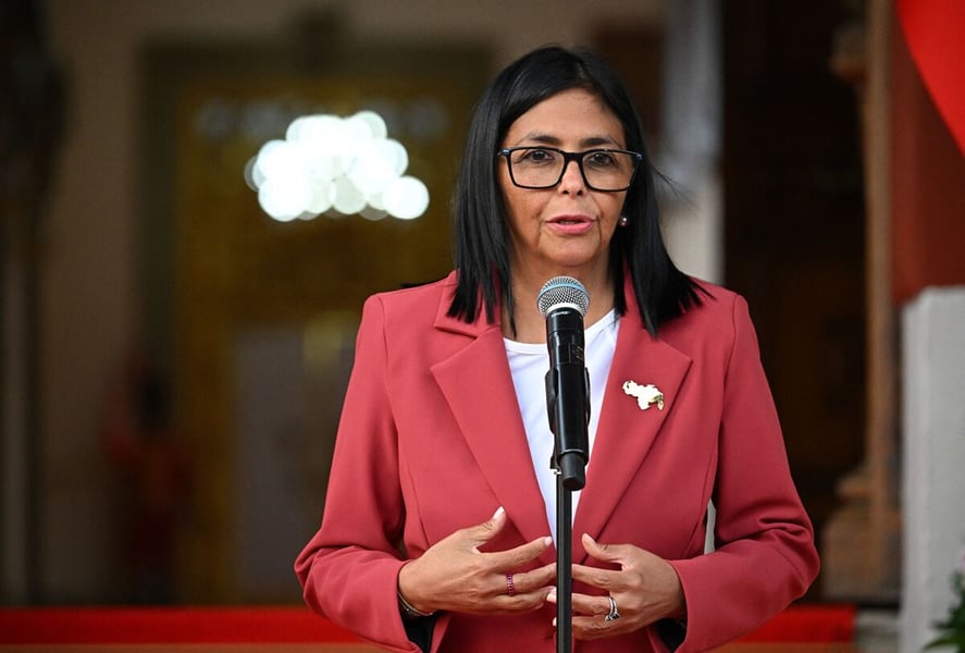 Venezuelan Acting President Delcy Rodriguez speaks outside the International Court of Justice in The Hague rejecting Trump’s 51st state remarks