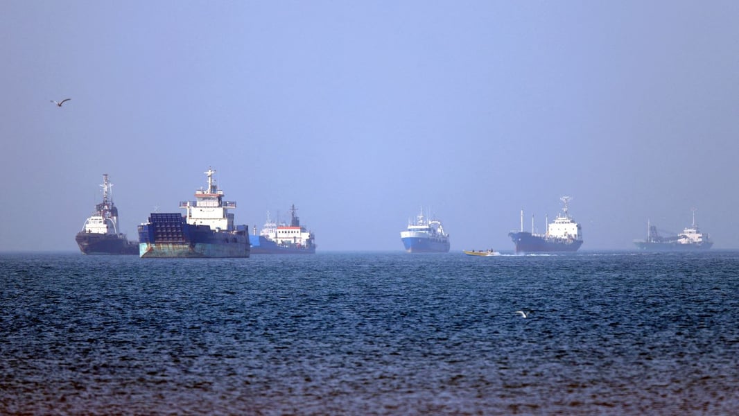 Vessels anchored in the Strait of Hormuz off Bandar Abbas in southern Iran, May 4, 2026