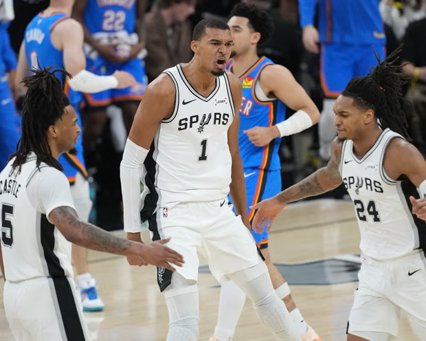 Victor Wembanyama blocks Chet Holmgren during Spurs vs Thunder Game 4