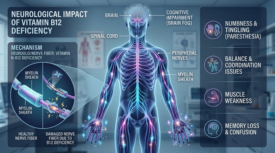 Illustration showing neurological symptoms linked to vitamin B12 deficiency
